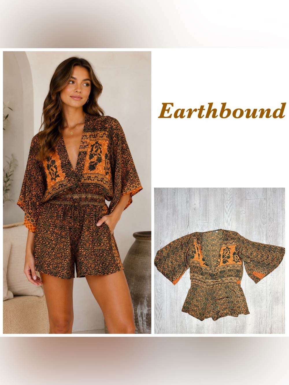 Earthbound neutral short Bell sleeve shorts romper boho small outfit